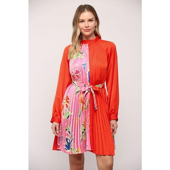Fate Red Pink Floral Print Pleated Satin Long Sleeve Belted Mini Dress Size S - Picture 1 of 13